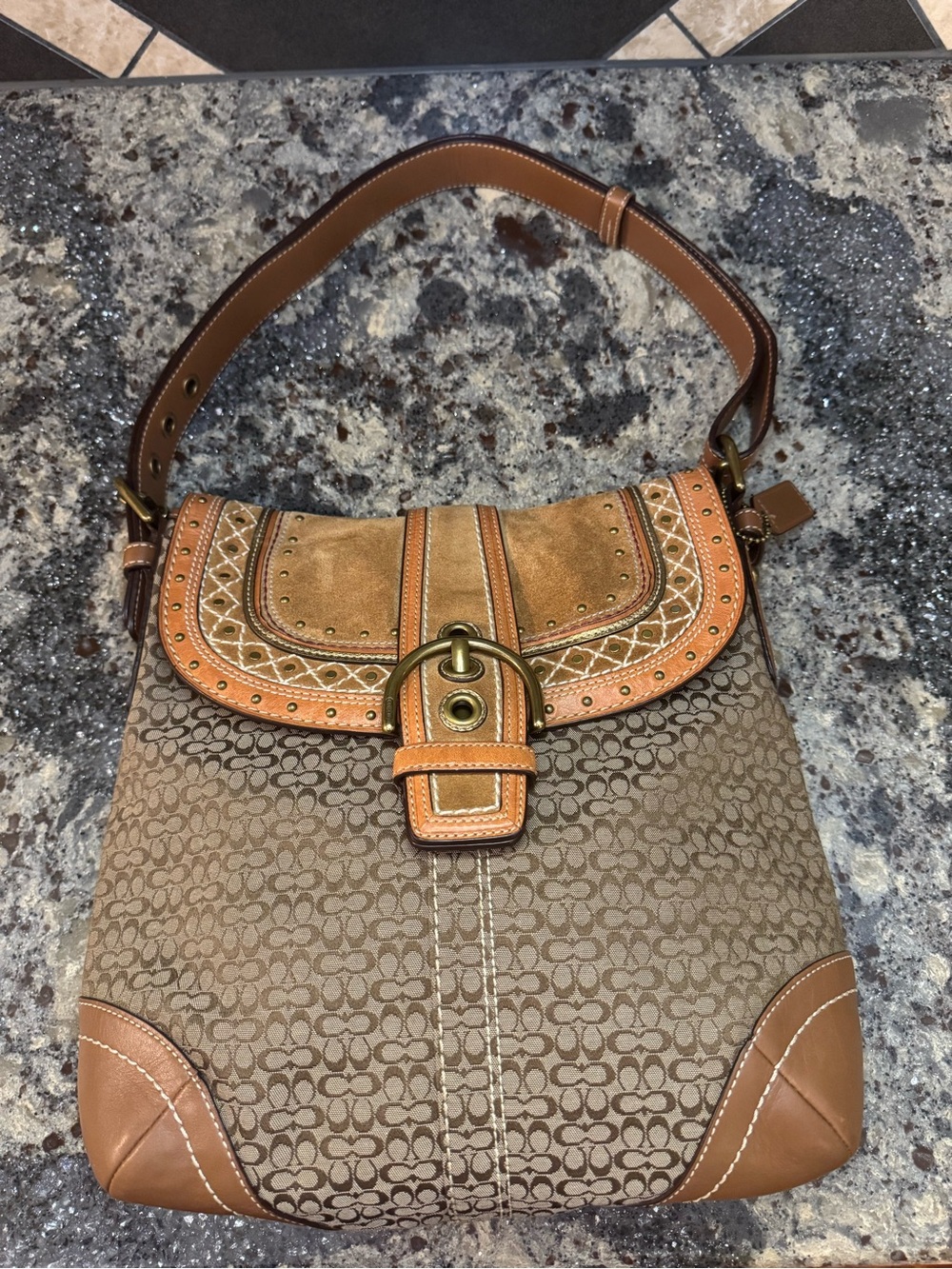 Vintage Y2K Coach F11405 Soho Signature  Jacquard Suede Studded Buckle Bag